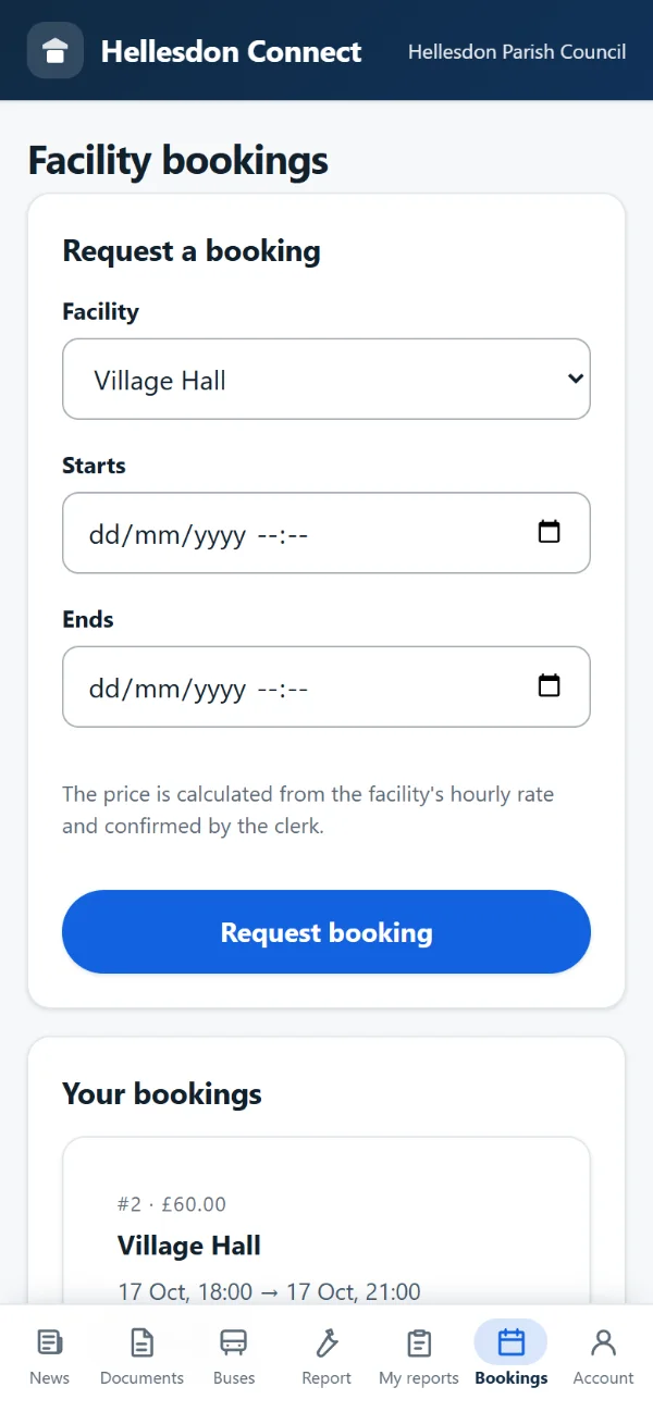 The resident app's bookings screen listing facility bookings and their status.