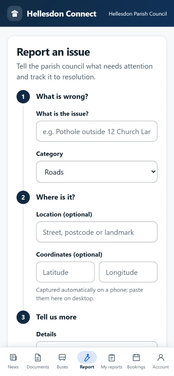 The resident app's report an issue form, with steps for what is wrong, where it is and more detail.