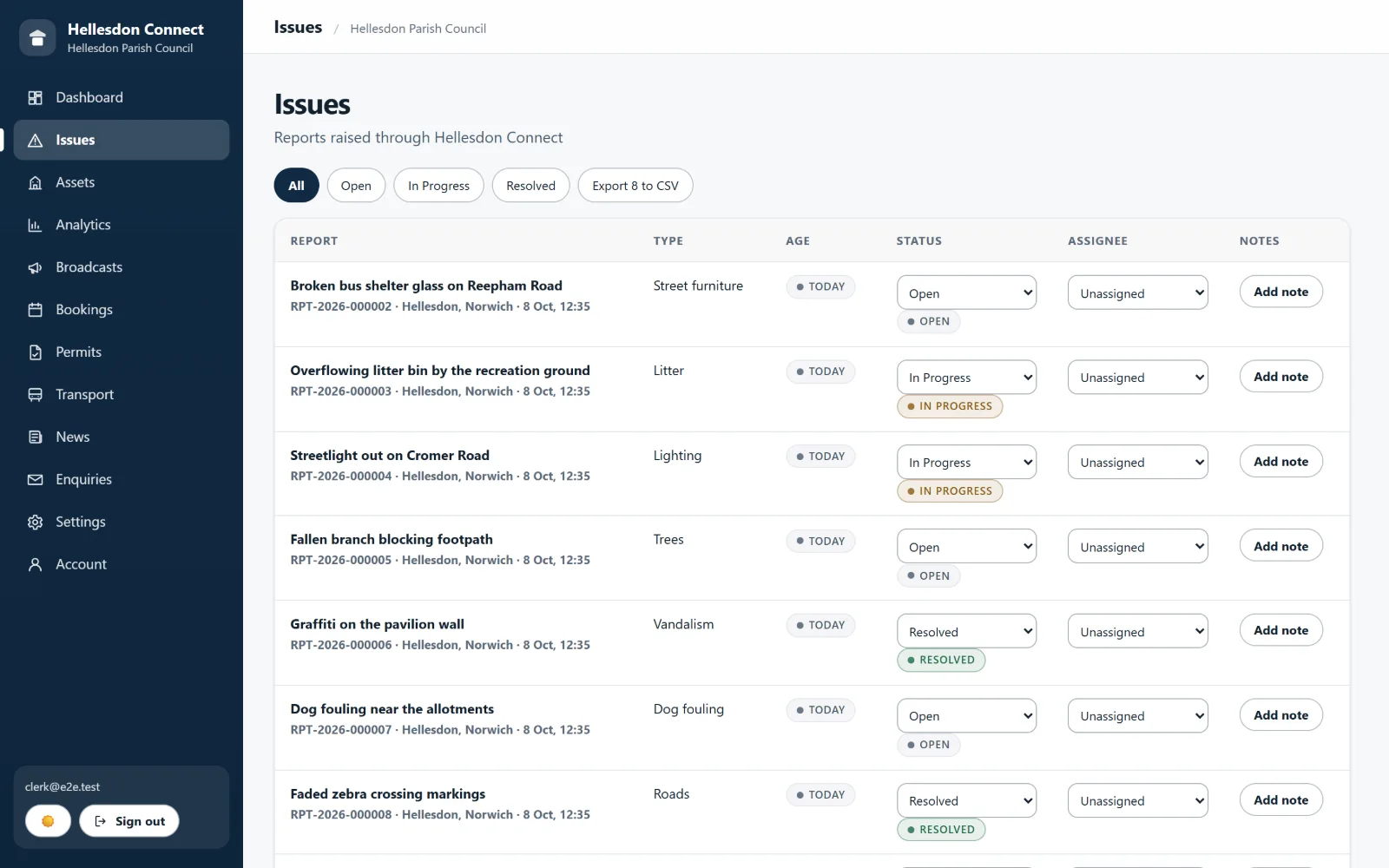 The clerk console issues list with status filters, a status and assignee control on each report, and a note button.