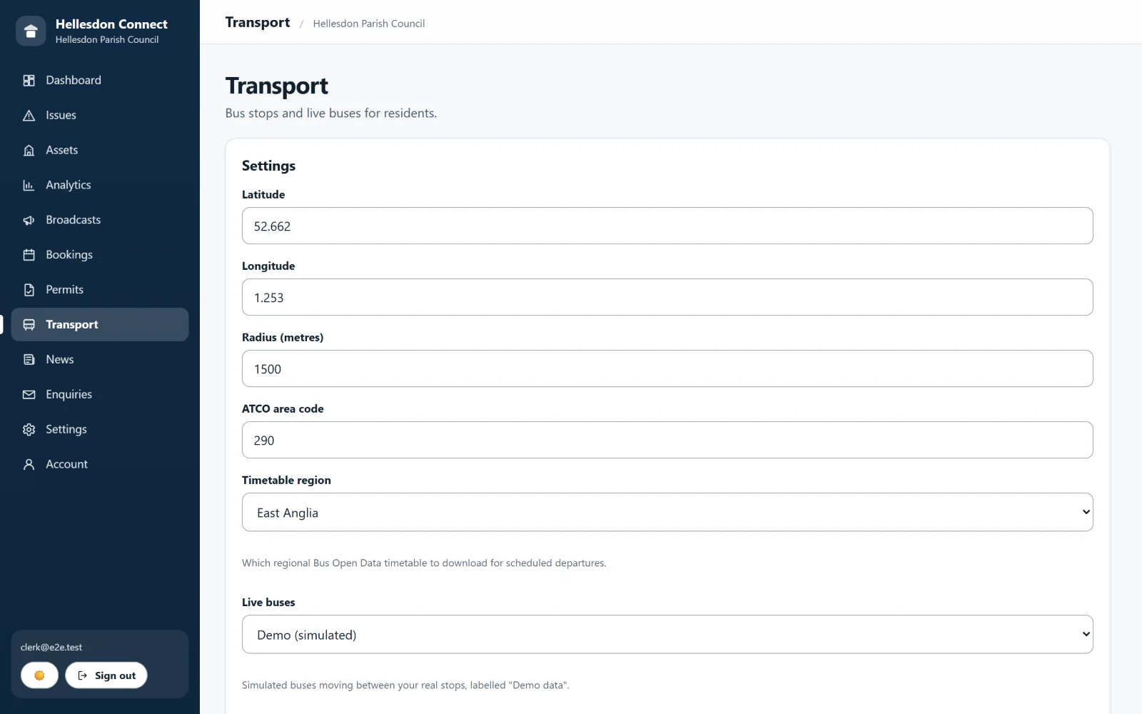 The clerk console transport page for choosing which bus stops to show and posting service alerts.